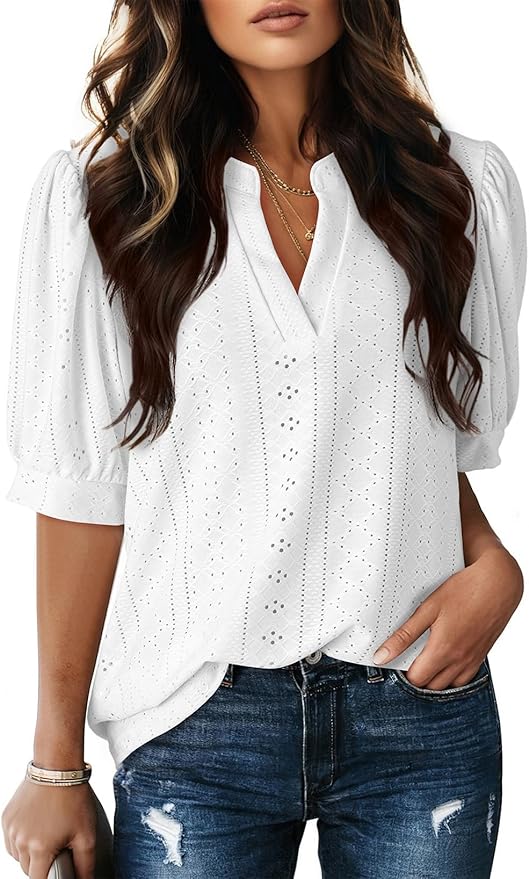 Dokotoo V Neck Lace Hollow Out Short Sleeve Top